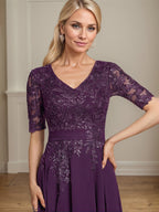 A-Linien V-Ausschnitt Tea-Length Spitzen-Chiffon Kleid für die Mutter der Braut mit Pailletten