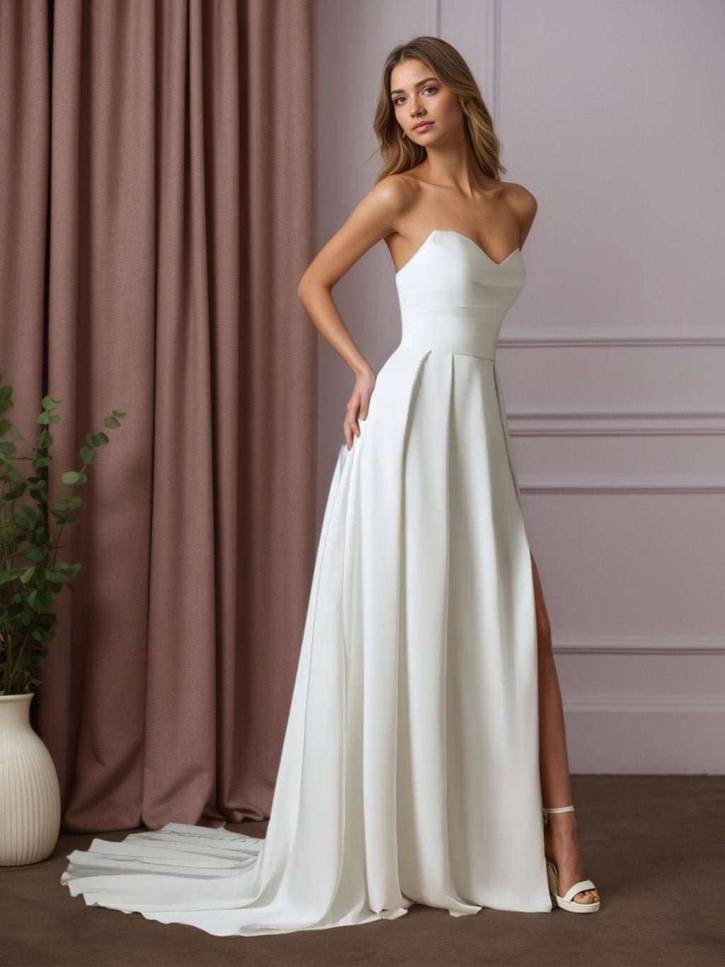 Weißes A-Linien Kleid mit Pailletten, Crepe-Rückseite und Satin, Hochzeitskleid