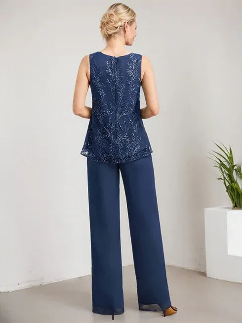 Conjunto separado mono/pantalón con escote redondo, encaje y gasa largo hasta el suelo para madre de la novia con lentejuelas