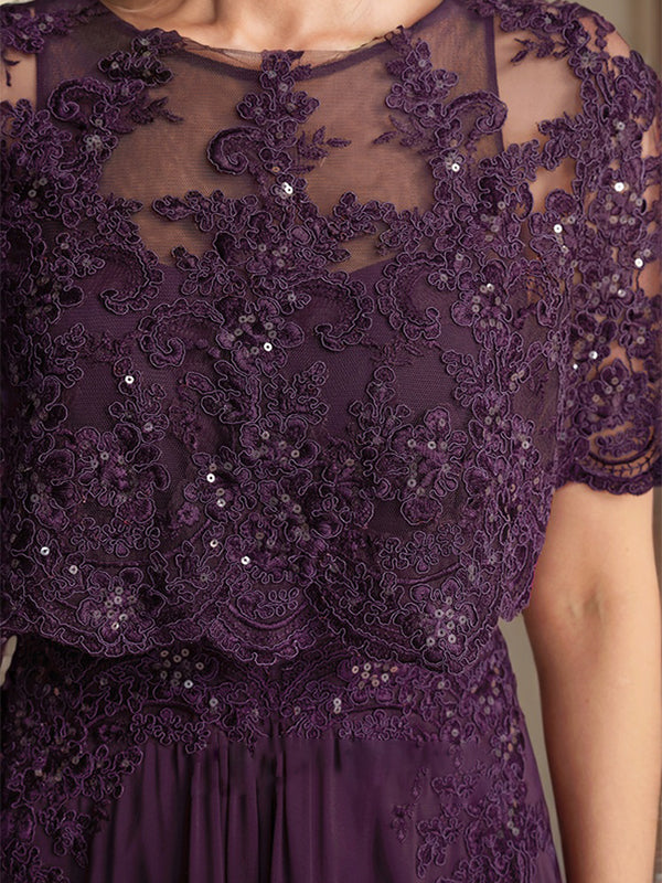 A-Linien Spitzen-Chiffon-Mutter-der-Braut-Kleid mit Bootsausschnitt, bodenlang und Applikations-Pailletten