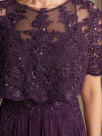 A-Linien Spitzen-Chiffon-Mutter-der-Braut-Kleid mit Bootsausschnitt, bodenlang und Applikations-Pailletten