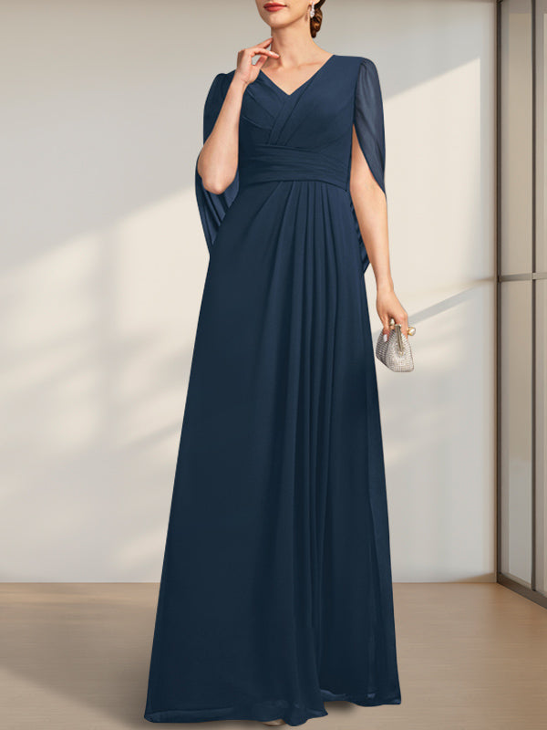 Vestido de madre de la novia línea A, escote en V, largo hasta el suelo, de gasa con pliegues