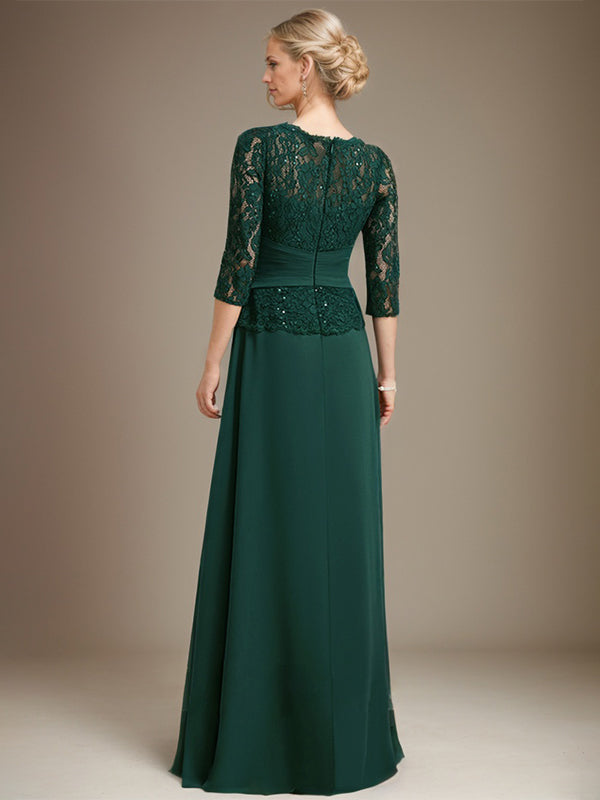 A-Linien Kleid mit Scoop-Ausschnitt, Illusion, bodenlangem Chiffon und Spitze, Mutter-der-Braut-Kleid mit plissierten Pailletten und Perlenbesatz