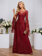 A-line Scoop Illusion Floor-Length Tulle Lace Evening Dress With Sequins