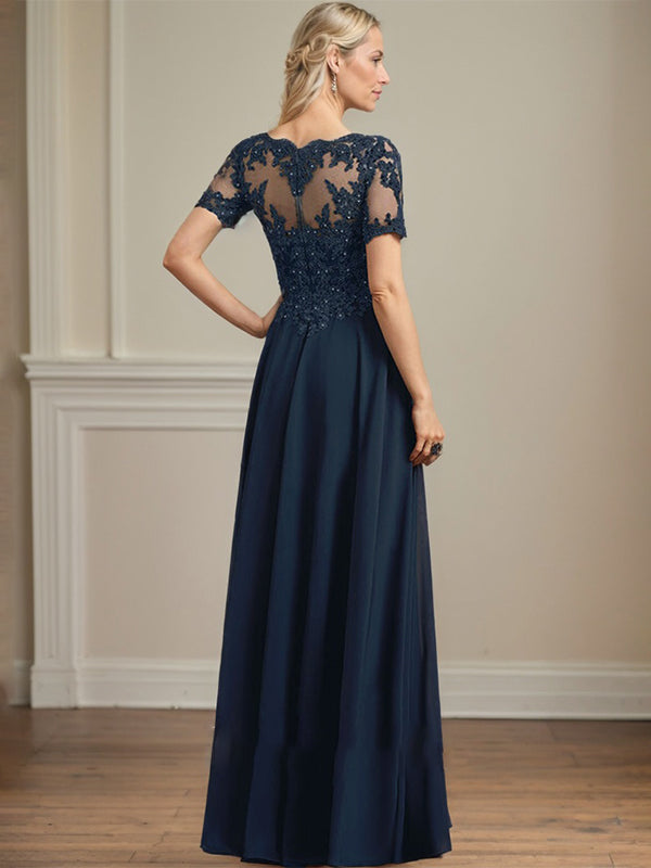 A-Linien Rundhals Illusions-Bodenlanges Chiffon-Spitzenkleid für die Mutter der Braut mit Pailletten und Perlen