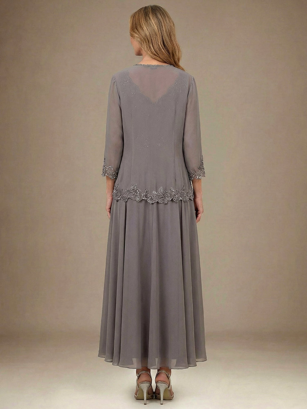 Vestido de madre de la novia línea A con escote en V, largo hasta el tobillo, gasa, lentejuelas, apliques, encaje y abalorios