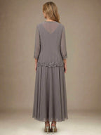 Vestido de madre de la novia línea A con escote en V, largo hasta el tobillo, gasa, lentejuelas, apliques, encaje y abalorios