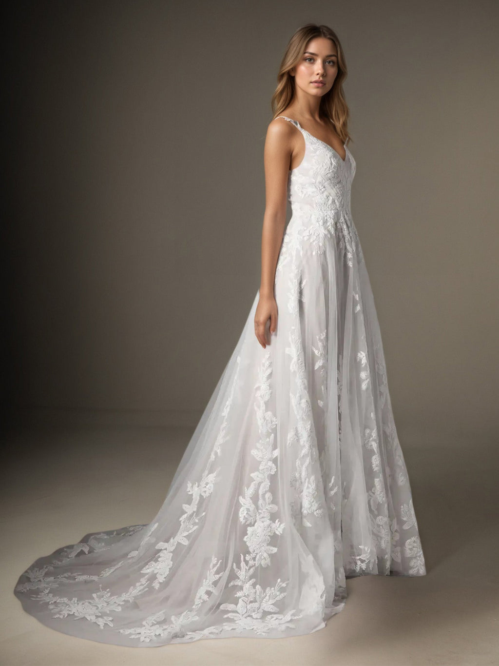 Robe de mariée blanche en ligne A à col en V en tulle à sequins