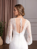 Vestido de novia blanco sirena con escote redondo y encaje