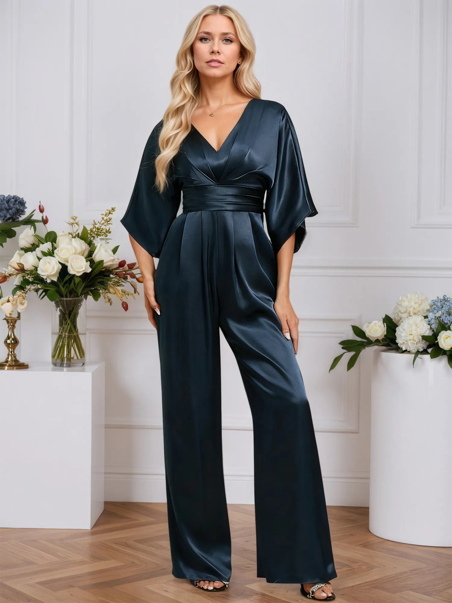 Jumpsuits V-Neck Floor-Length Stretch Satin Evening Dress With Pleated