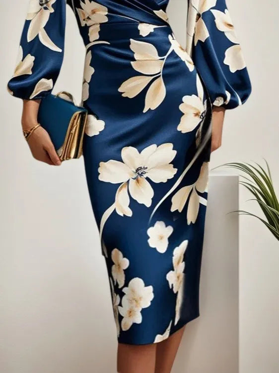 Vestido midi de satén azul floral con escote en V y mangas globo