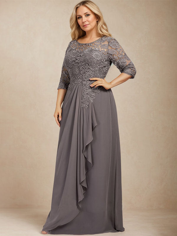 Vestido longo para mãe da noiva evasê com decote ilusão redondo, renda chiffon e babados cascata