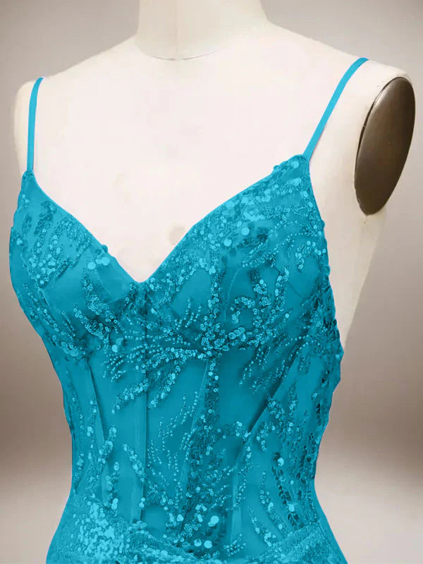 Robe de bal longue sirène verte à bretelles spaghetti scintillantes avec fente