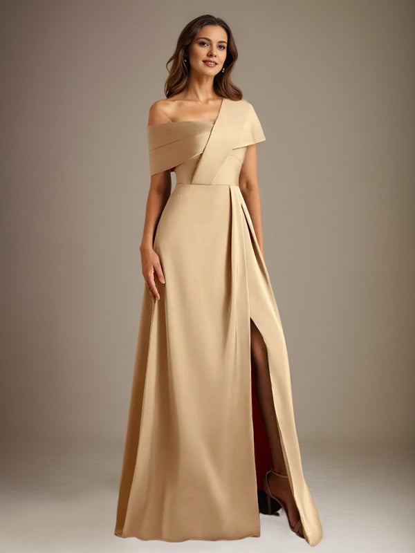 A-Linien asymmetrischer Ausschnitt bodenlanges Satin-Brautkleid für die Brautmutter mit Falten