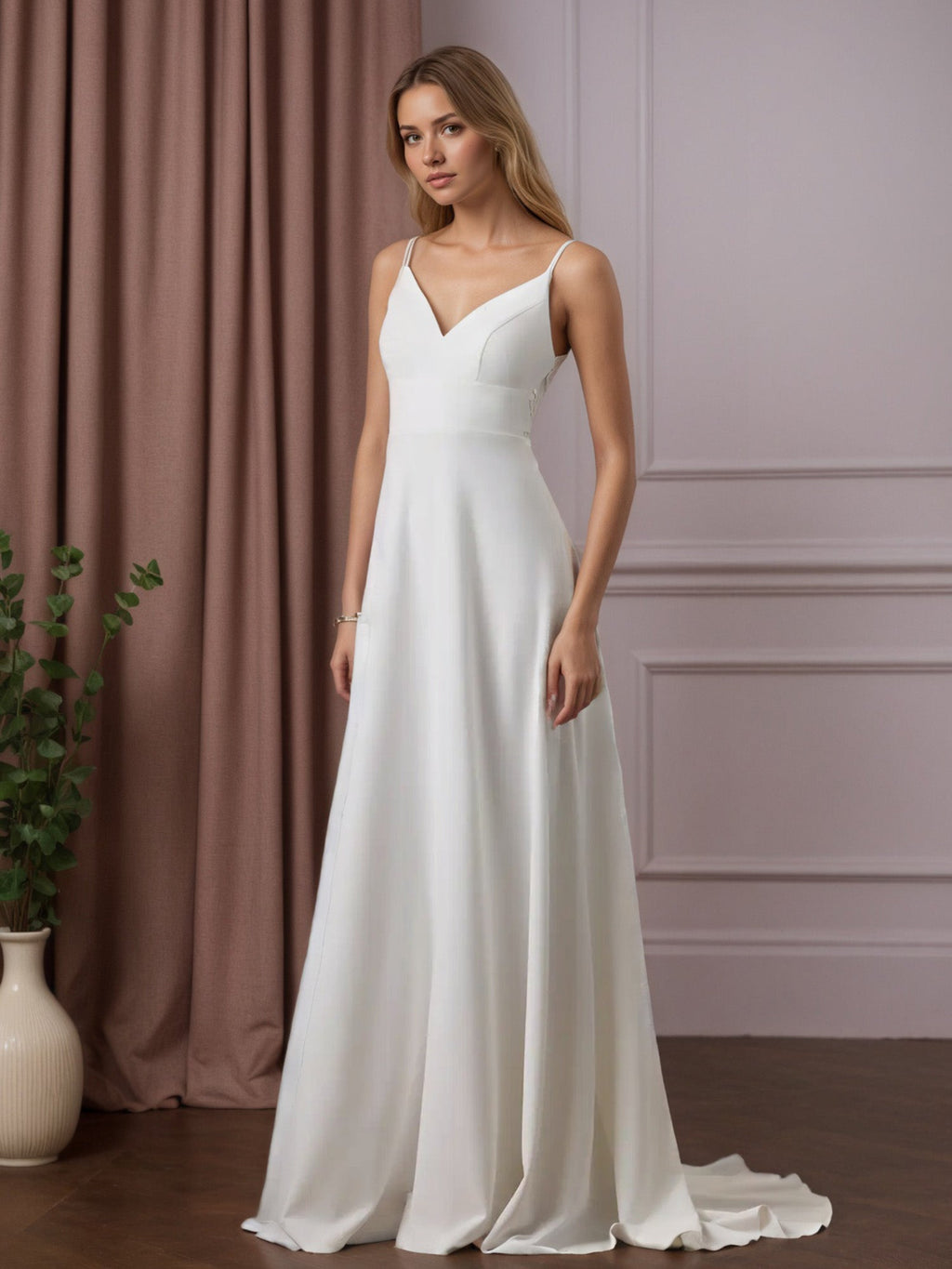 Robe de mariée blanche en crêpe stretch à sequins, coupe trapèze, col en V
