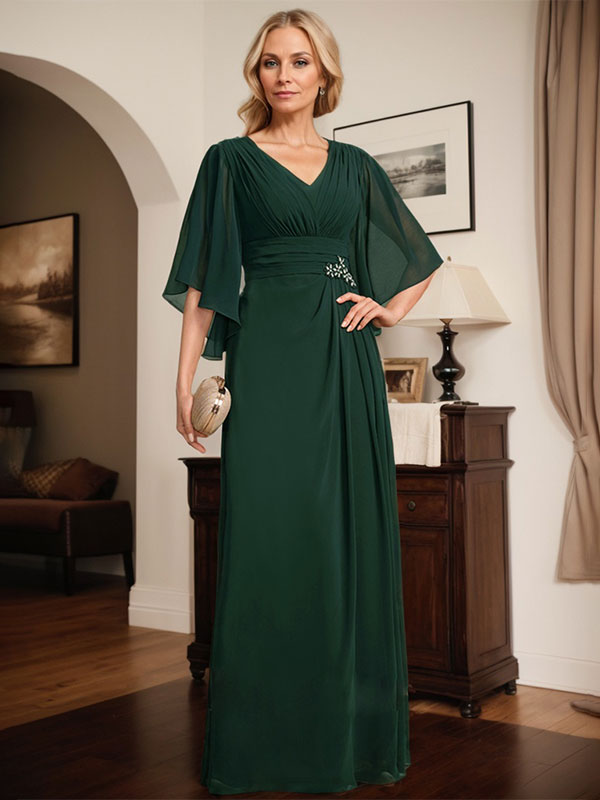 Etuikleid/Säule V-Ausschnitt bodenlanges Chiffon Mutter-der-Braut-Kleid mit plissierten Pailletten und Perlen