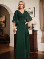 Etuikleid/Säule V-Ausschnitt bodenlanges Chiffon Mutter-der-Braut-Kleid mit plissierten Pailletten und Perlen