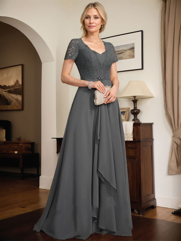 Vestido de madre de la novia línea A con escote corazón, largo hasta el suelo, de gasa y encaje con abalorios y volantes en cascada