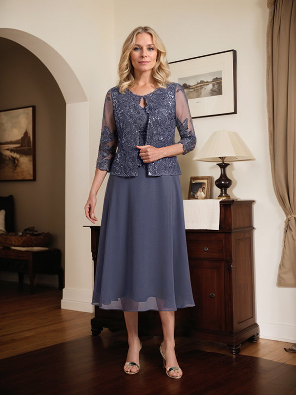 Vestido de mãe da noiva evasê, comprimento tea-length, em renda e chiffon com decote redondo e lantejoulas