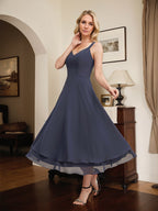 Abito da madre della sposa in chiffon a linea A, scollo a V, lunghezza tea