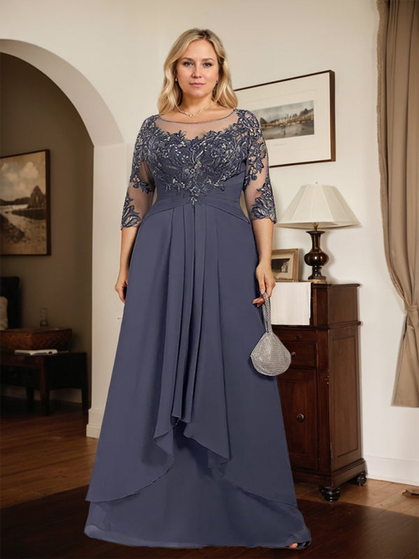 Vestido largo de madre de la novia línea A con escote ilusión redondo, encaje y gasa con volantes en cascada