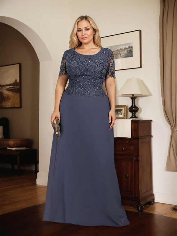 A-Linien Spitzen-Chiffon-Mutter-der-Braut-Kleid mit Rundhalsausschnitt, bodenlang und Pailletten
