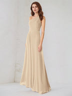 A Line Champagne Chiffon One Shoulder Sleeveless Floor Length Dress