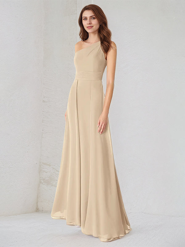 A Line Champagne Chiffon One Shoulder Sleeveless Floor Length Dress