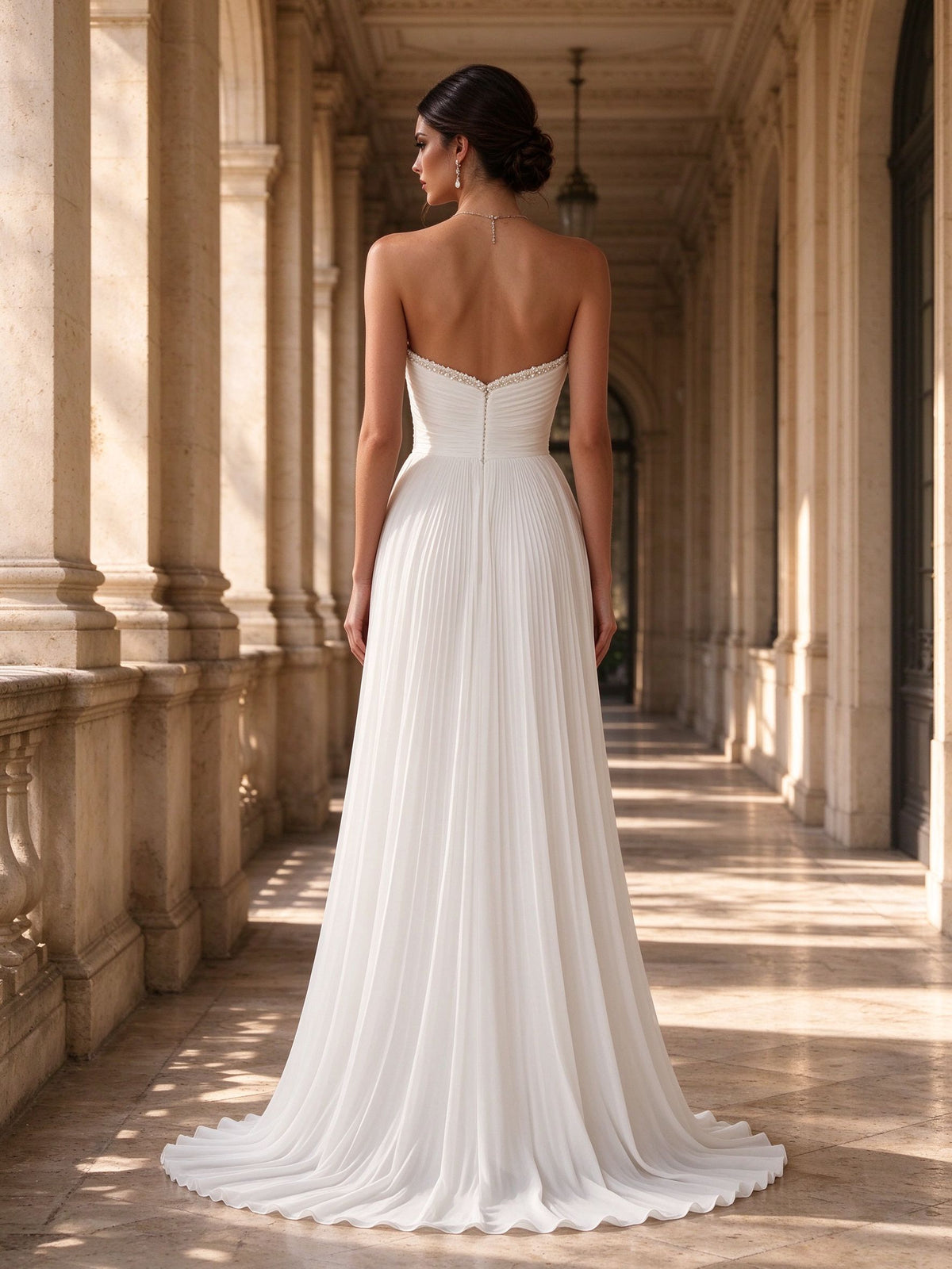 Pure White Strapless Beaded Sweetheart Pleated Wedding Dress