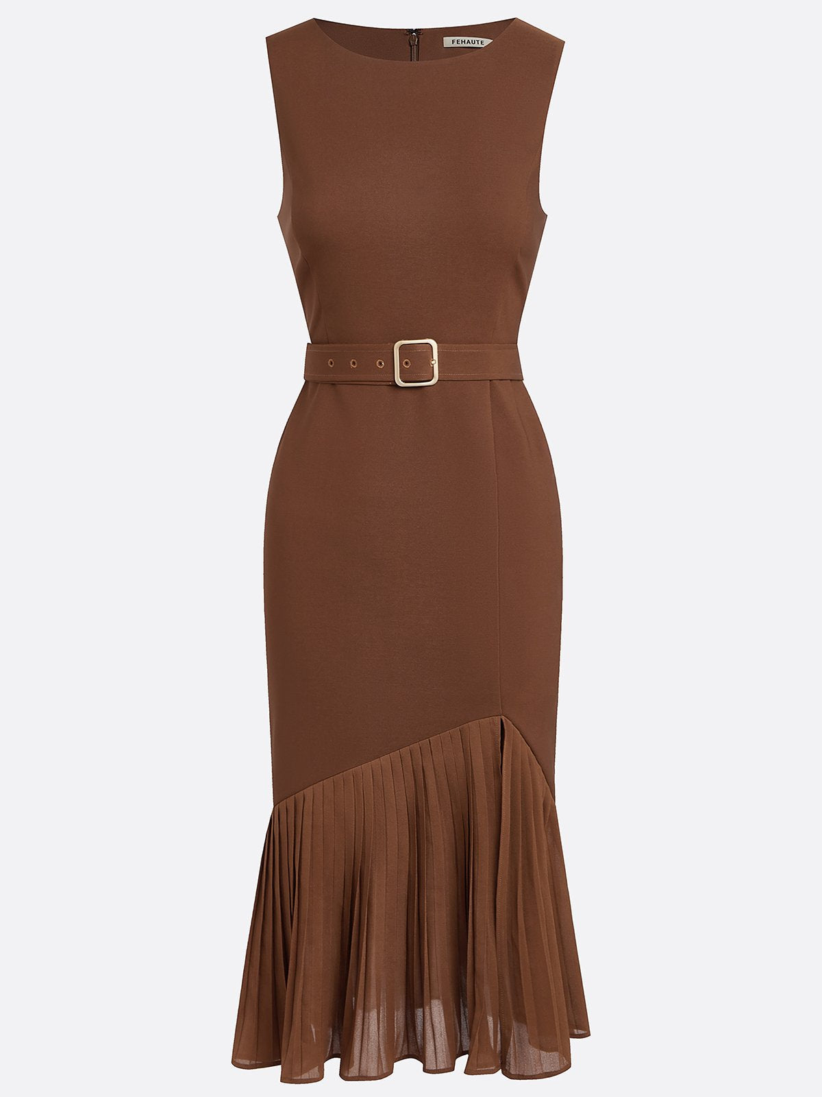 Vestido midi marrón clásico sirena sin mangas con cuello barco y abertura plisada