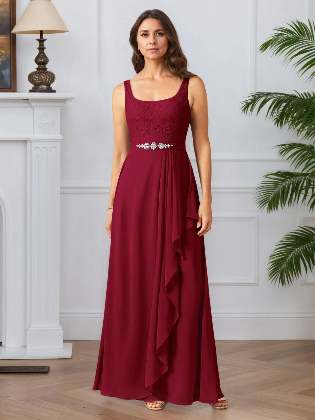 Abito da madre della sposa in chiffon con pizzo, linea A e scollo quadrato