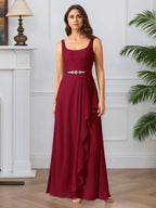 Abito da madre della sposa in chiffon con pizzo, linea A e scollo quadrato