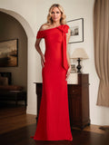 Rotes Etuikleid/One-Shoulder bodenlanges Kleid für die Brautmutter mit Schleife