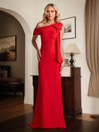 Rotes Etuikleid/One-Shoulder bodenlanges Kleid für die Brautmutter mit Schleife