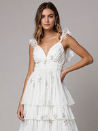 Evening Dress White Off-shoulder V-neck Slit Cake Dress Mid-length Dress