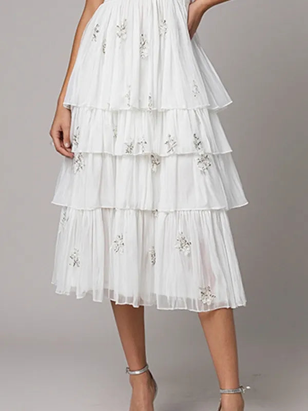 Evening Dress White Off-shoulder V-neck Slit Cake Dress Mid-length Dress