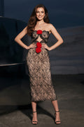 Strapless Lace Midi Dress with Floral Appliques and Cutout Detail