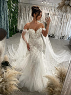 Off Shoulder Lace Mermaid Wedding Dress With Flowing Tulle Cape Sleeves And Chapel Train
