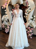 Lace V-Neck Long Sleeve Vintage Wedding Gown