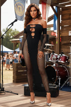 Bold Mesh Cutout Gown with Off-Shoulder Sleeve Detailing