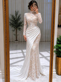 High Neck Long Sleeve Floral Lace Mermaid Wedding Dress With Draped Satin Overlay