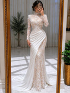 High Neck Long Sleeve Floral Lace Mermaid Wedding Dress With Draped Satin Overlay