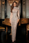 Embellished Sheer Mesh Long Sleeve Bodycon Evening Gown