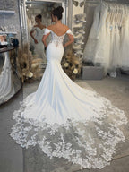 Modern Off-Shoulder Draped Bodice Satin Mermaid Wedding Dress With Lace Chapel Train