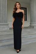 Elegant Strapless Feather Trimmed Column Evening Gown