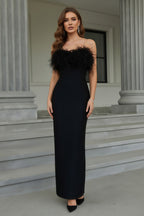 Elegant Strapless Feather Trimmed Column Evening Gown