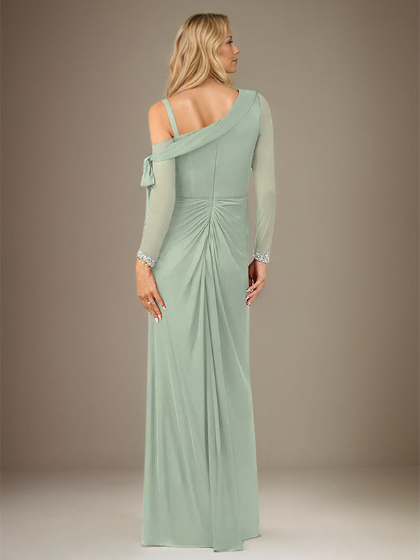 Salbeigrünes Etuikleid/Säulenkleid Chiffon Ein-Schulter Langarm Bodenlanges Kleid mit Schlitz