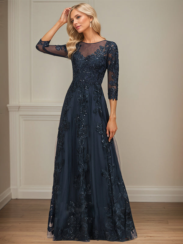 Vestido de madre de la novia de tul y encaje con ilusión en escote redondo, falda larga en línea A y lentejuelas