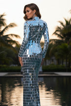 Glamorous Reflective Mirror Tile Long Sleeve Cutout Maxi Gown
