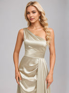 Sand A-Line One Shoulder Floor-Length Satin Bridesmaid Dress With Ruffle
